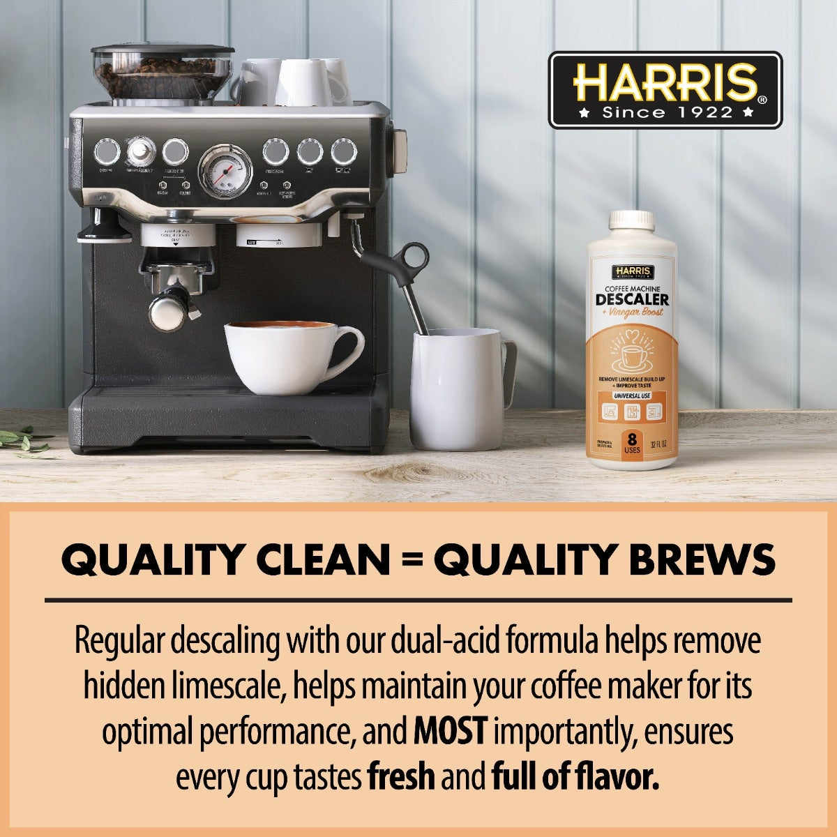 HARRIS Coffee Machine Descaler Descaling Solution - 32 Fl. Oz. (8 Uses) Compatible with Keurig Nespresso Breville Delonghi Jura Ninja - Espresso Coffee Maker Cleaner Limescale Remover