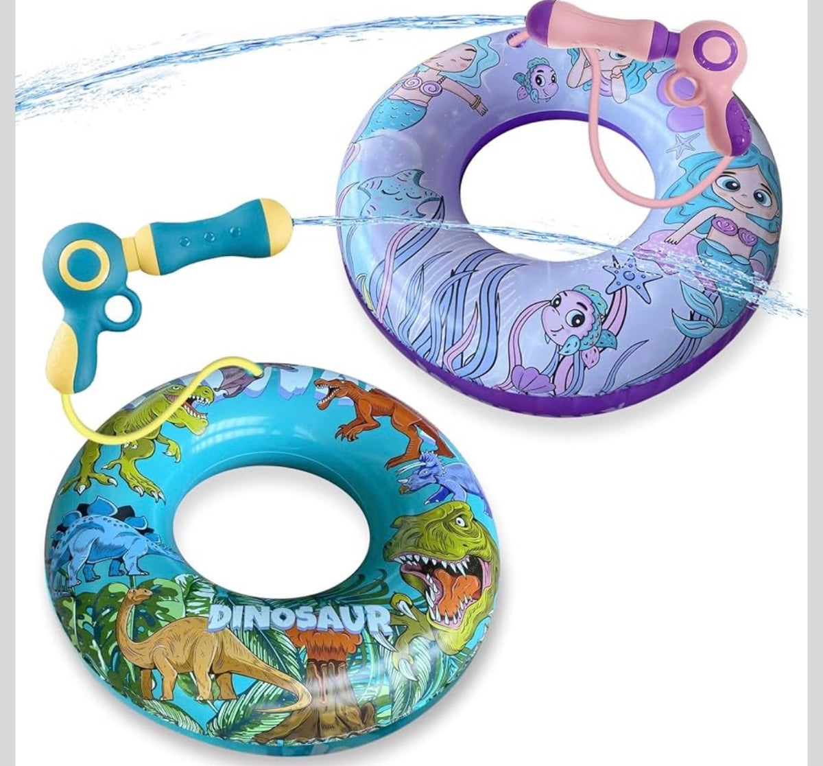 2-Pack 36-Inch Kids Pool Floats with Water Guns, Dino and Mermaid Pool Toys Two 36-inch dinosaur and mermaid swim rings with water blasters for kids ages 4-12, pool parties and beach trips.