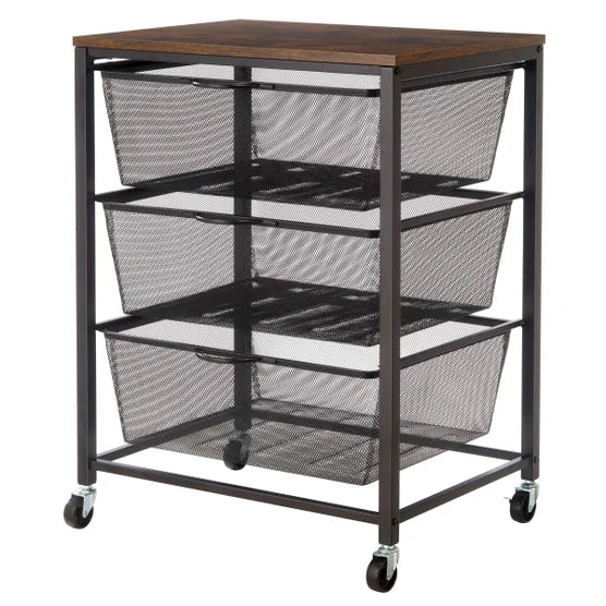 Edifice Mesh Rolling Cart, 3 Tiered Baskets
