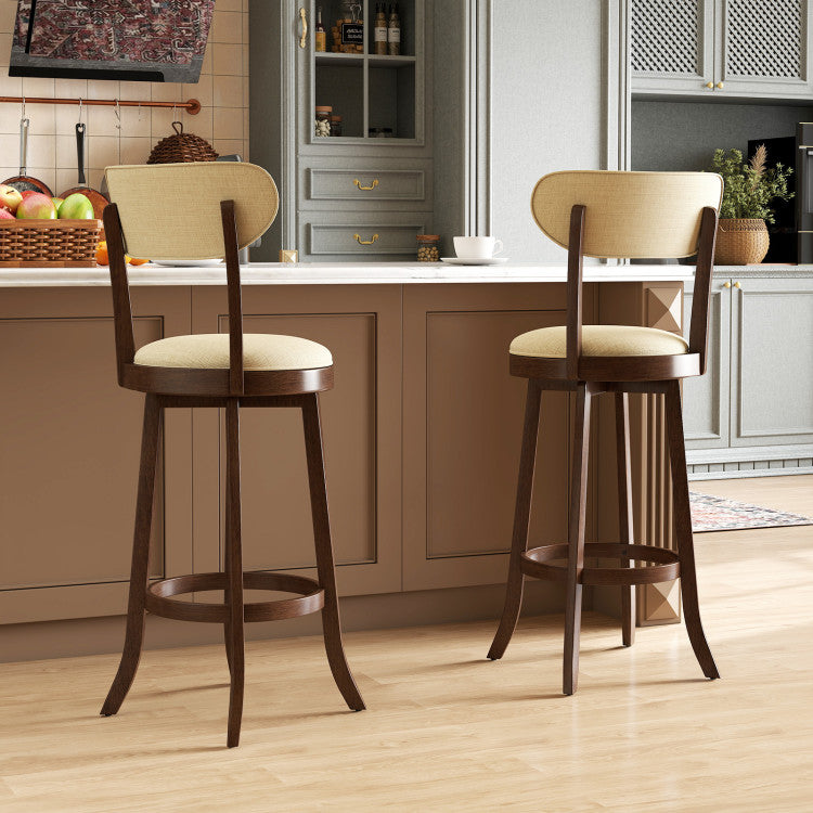 Set of 2 swivel bar-height chairs with padded seats, backrests, footrests and st