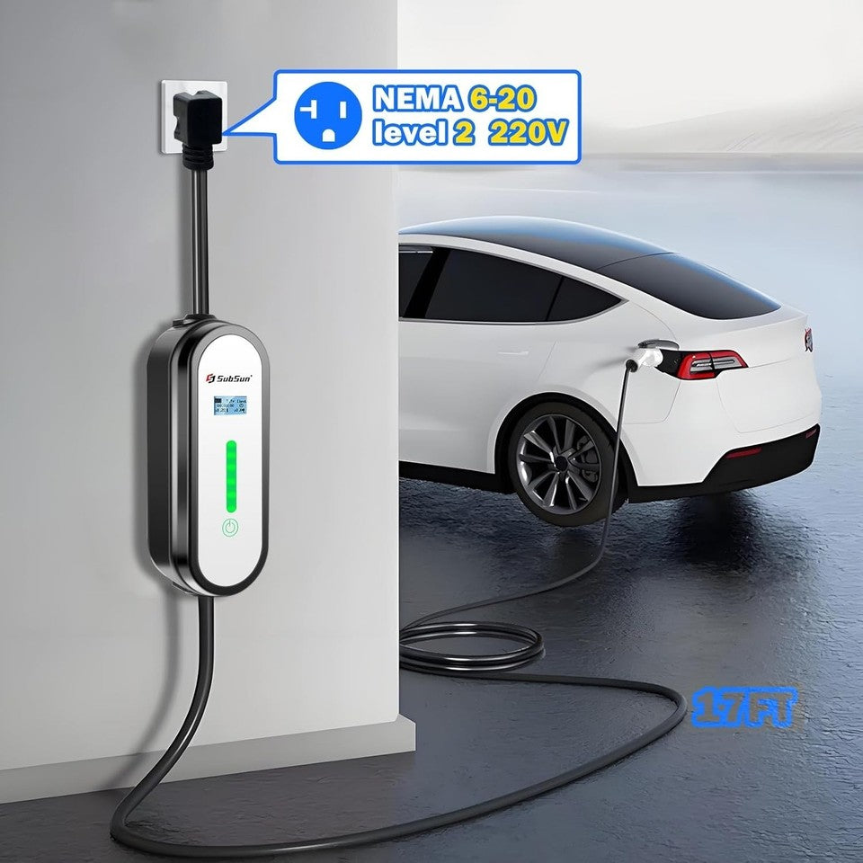 SubSun Level 1 Level2 EV Charger 16 Amp 110-240 V,17 ft Cable, Portable Electric Vehicle Charger with NEMA5-15P & 6-20 Plug Compatible for SEA J1772 EV Cars for Home and Outdoor (Black)