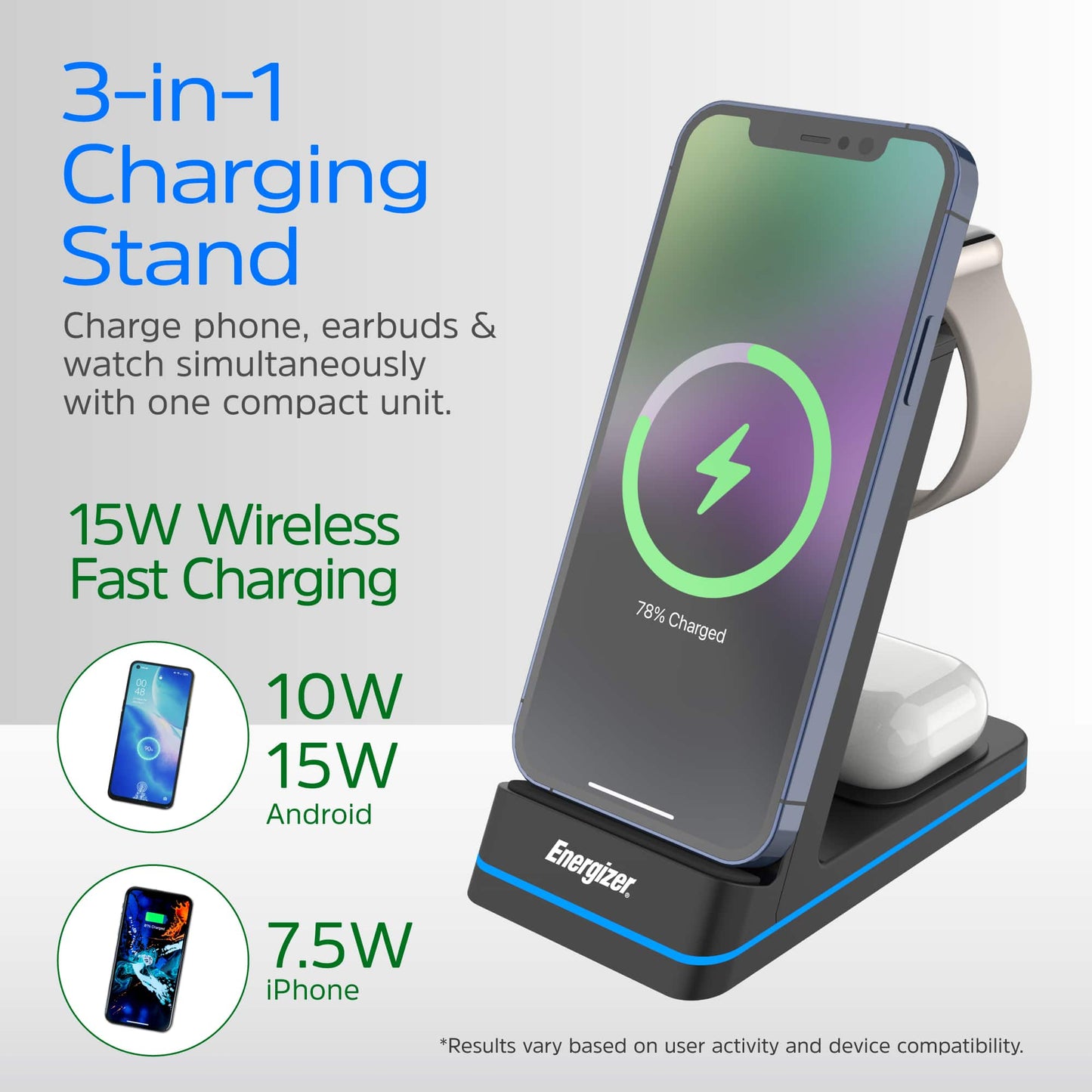 Energizer Ultimate 15W 3-in-1 Wireless Charging Stand - Black