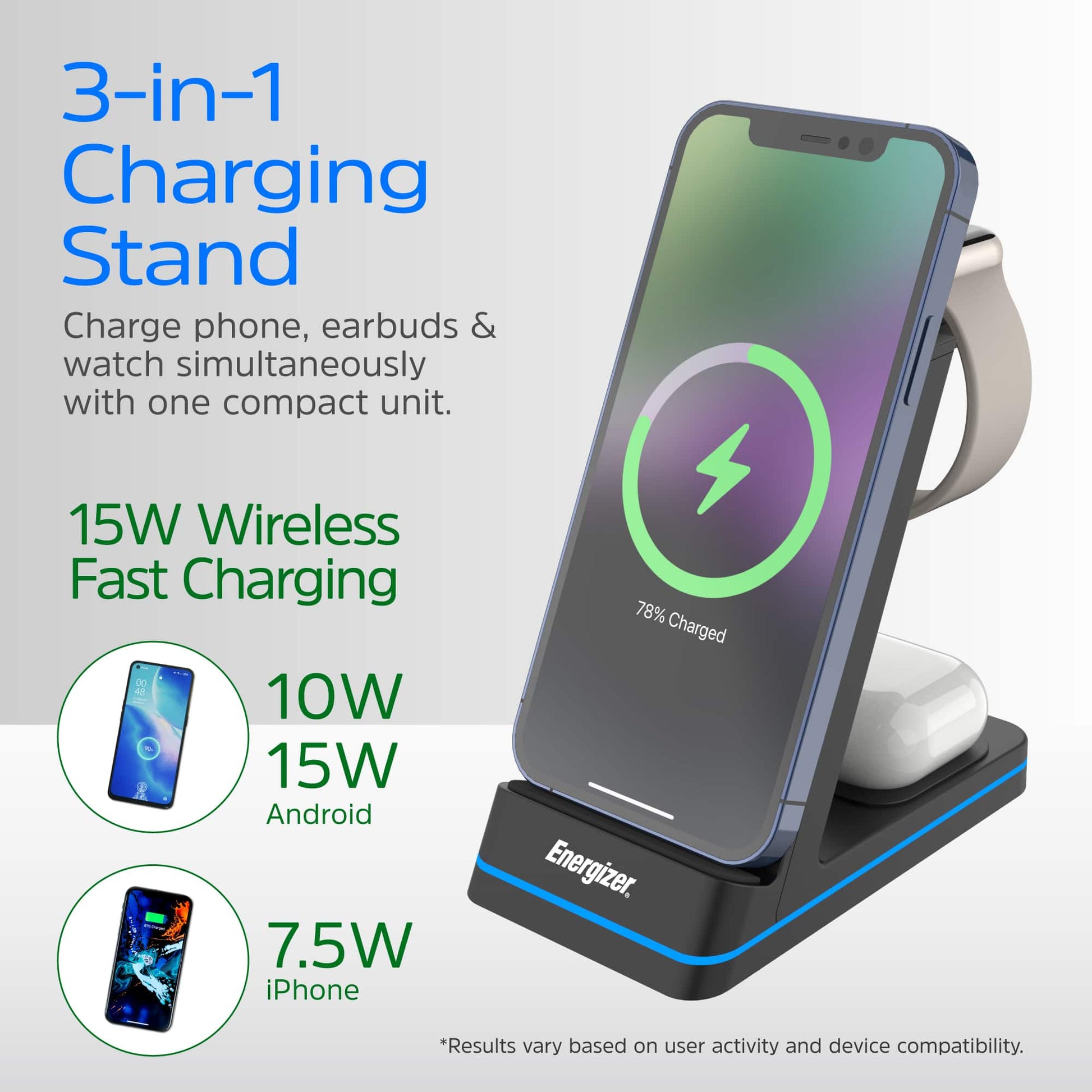 Energizer Ultimate 15W 3-in-1 Wireless Charging Stand - Black