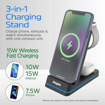 Energizer Ultimate 15W 3-in-1 Wireless Charging Stand - Black