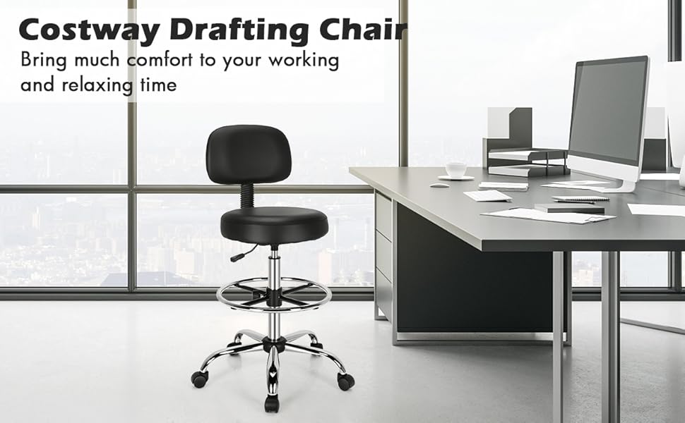 Ergonomic drafting chair with adjustable seat height, supportive backrest and ad