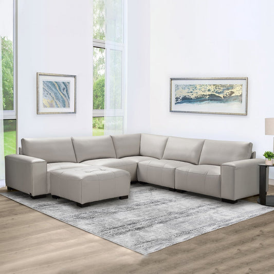Abbyson Teagan 6-Piece Leather Modular Sectional with Ottoman - Light Gray