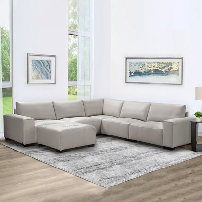 Abbyson Teagan 6-Piece Leather Modular Sectional with Ottoman - Light Gray