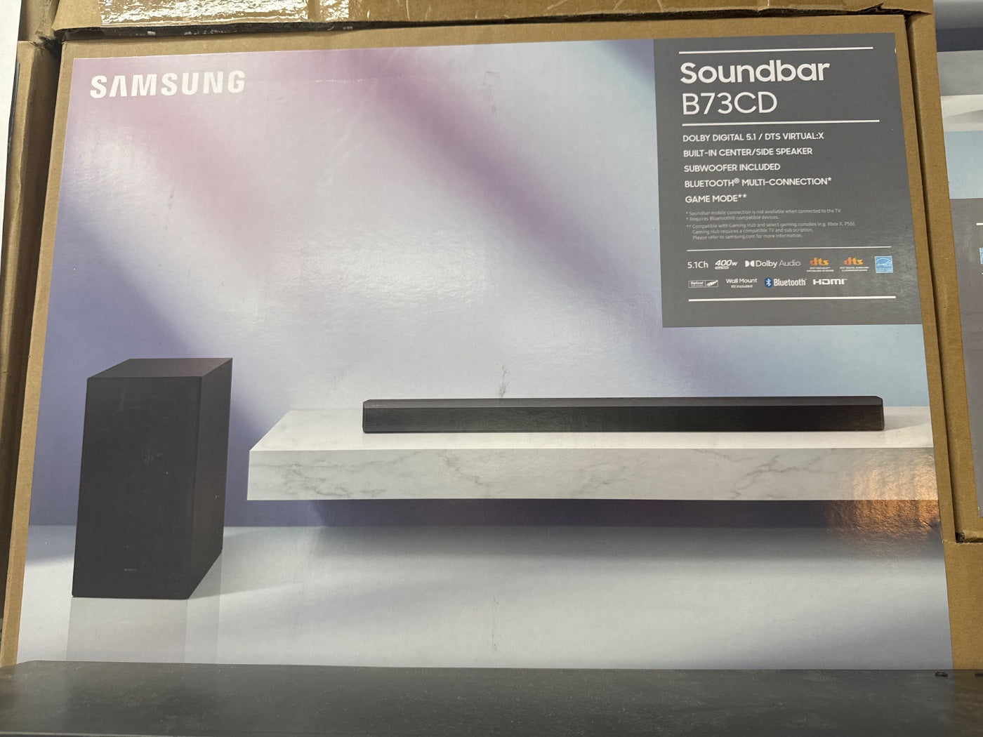 Samsung Soundbar B73CD DOLBY DIGITAL 5.1 / DTS VIRTUALX BUILT-IN CENTER/SIDE SPEAKER SUBWOOFER INCLUDED BLUETOOTH® MULTI-CONNECTION GAME MODE