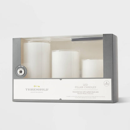 3pk 3" x 4" 3" x 5" 3" x 6" LED Flameless Black Wick Candles White - Threshold