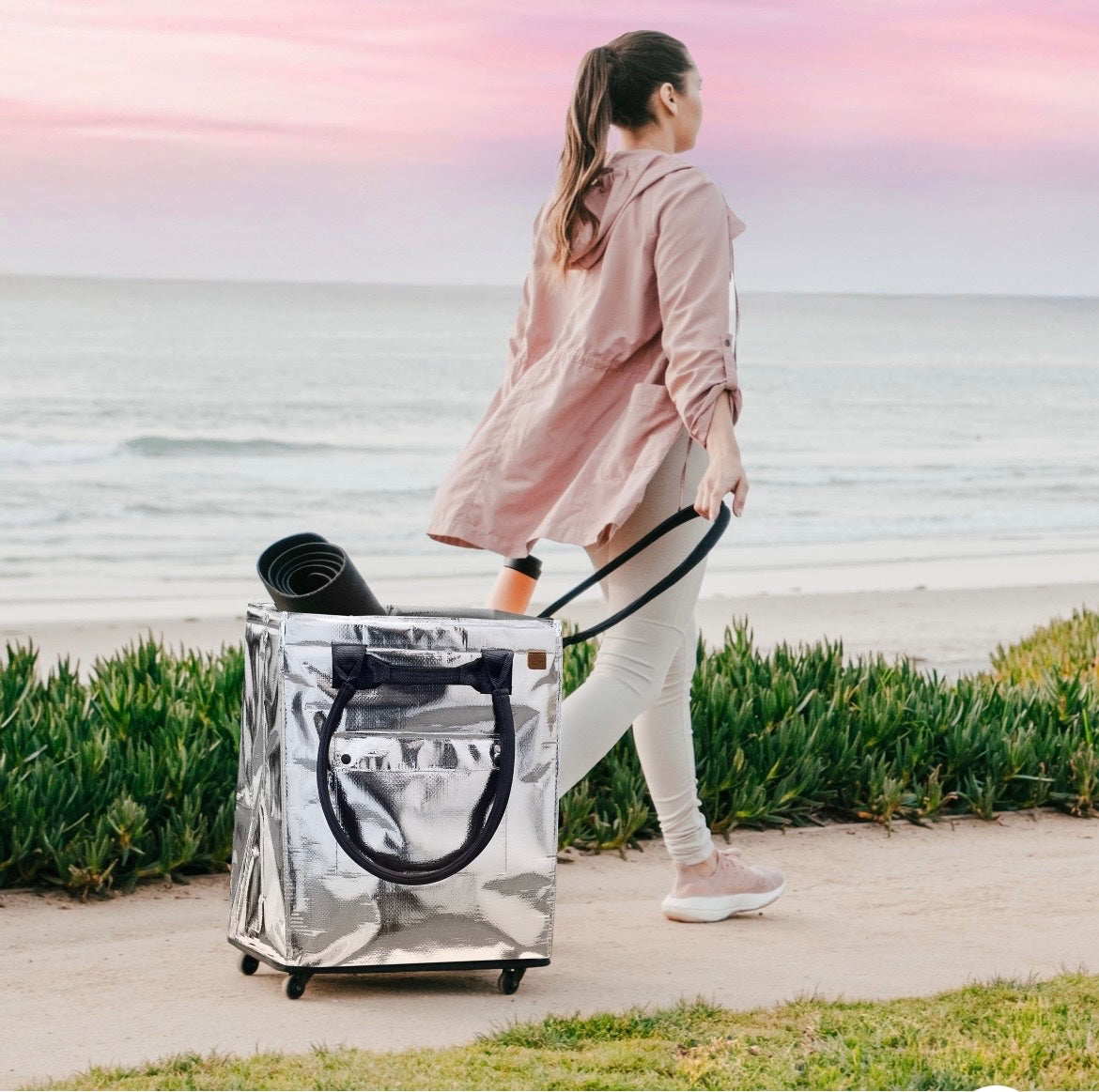 CleverMade Foldable Tote Bag on Wheels silver