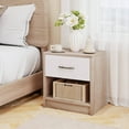 Compact nightstand with one drawer and an open storage compartment.