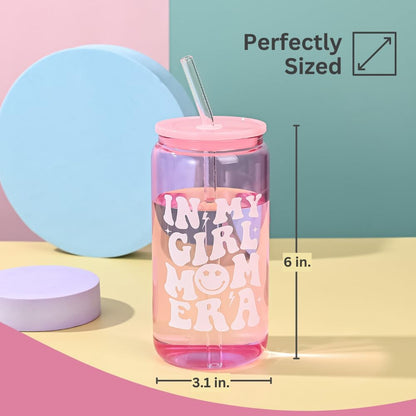 vaanshie 'In My Girl Mom Era' 16oz Glass Cup with Straw & Lid - Pink