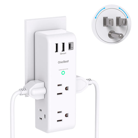 3-Outlet Surge Protector with USB Ports – Space-Saving Wall Charger front view