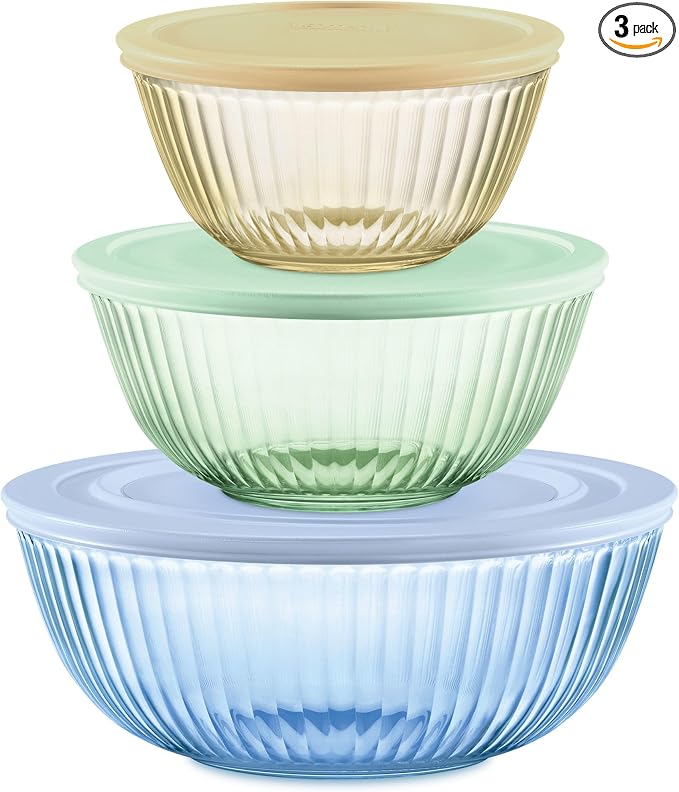 Pyrex Colors Tinted Sculpted Tinted Glass Mixing Bowls With Plastic Lids, Nesting Space Saving Set of Bowls For Prepping and Baking, 1.3QT, 2.3QT  -- 2 PACK