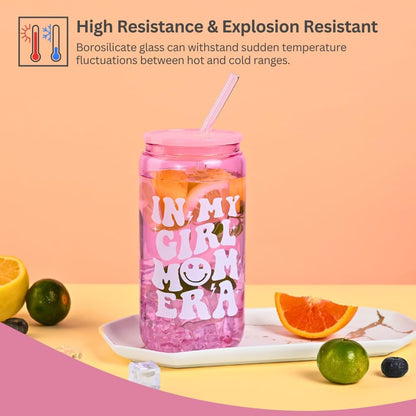 vaanshie 'In My Girl Mom Era' 16oz Glass Cup with Straw & Lid - Pink