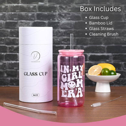 vaanshie 'In My Girl Mom Era' 16oz Glass Cup with Straw & Lid - Pink
