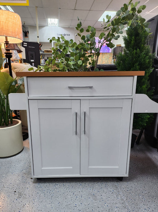 Kitchen Island Cart with Storage Cabinet on Wheels, Spice Rack Towel Rack & Drawer, White