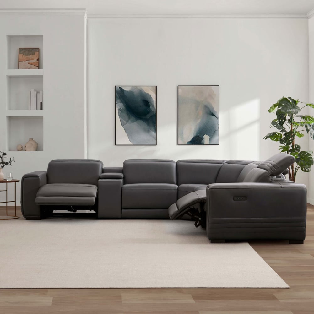 Aiden & Ivy Karson Leather Power Reclining Sectional with Power Headrests - Ivory