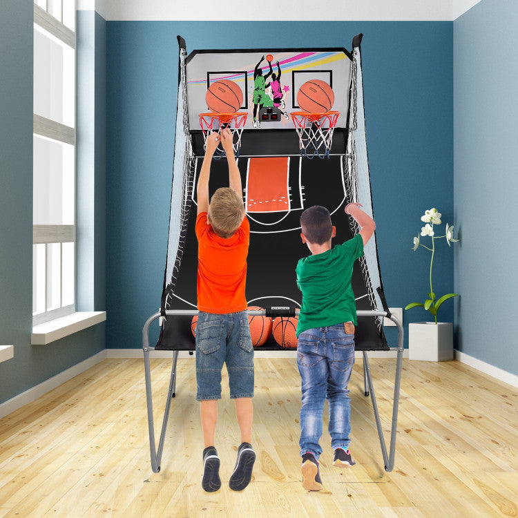 Indoor double electronic basketball game with 4 balls and foldable play frame.