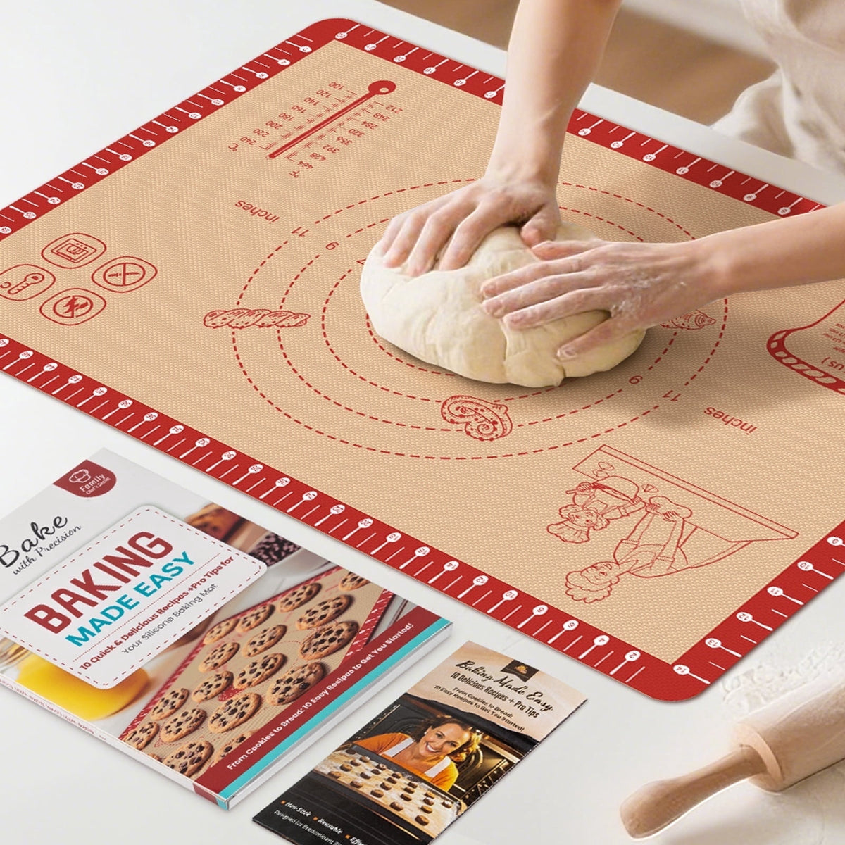 Extra Thick Silicone Baking Mat with Recipes - 26x16 inch Non Stick Pastry Mat with Measurements for Sourdough, Macarons, Bread, Pizza, Dough Rolling, Kneading, Heat Resistant to 480°F Gift for Baker