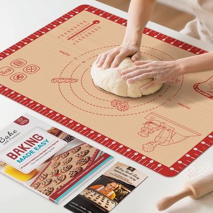 Extra Thick Silicone Baking Mat with Recipes - 26x16 inch Non Stick Pastry Mat with Measurements for Sourdough, Macarons, Bread, Pizza, Dough Rolling, Kneading, Heat Resistant to 480°F Gift for Baker