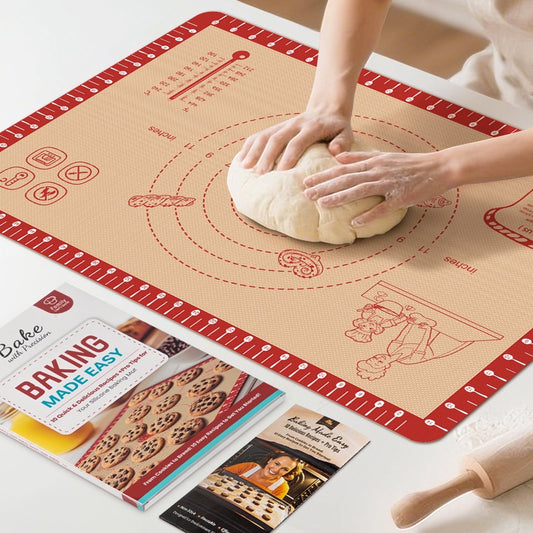 Extra Thick Silicone Baking Mat with Recipes - 26x16 inch Non Stick Pastry Mat with Measurements for Sourdough, Macarons, Bread, Pizza, Dough Rolling, Kneading, Heat Resistant to 480°F Gift for Baker