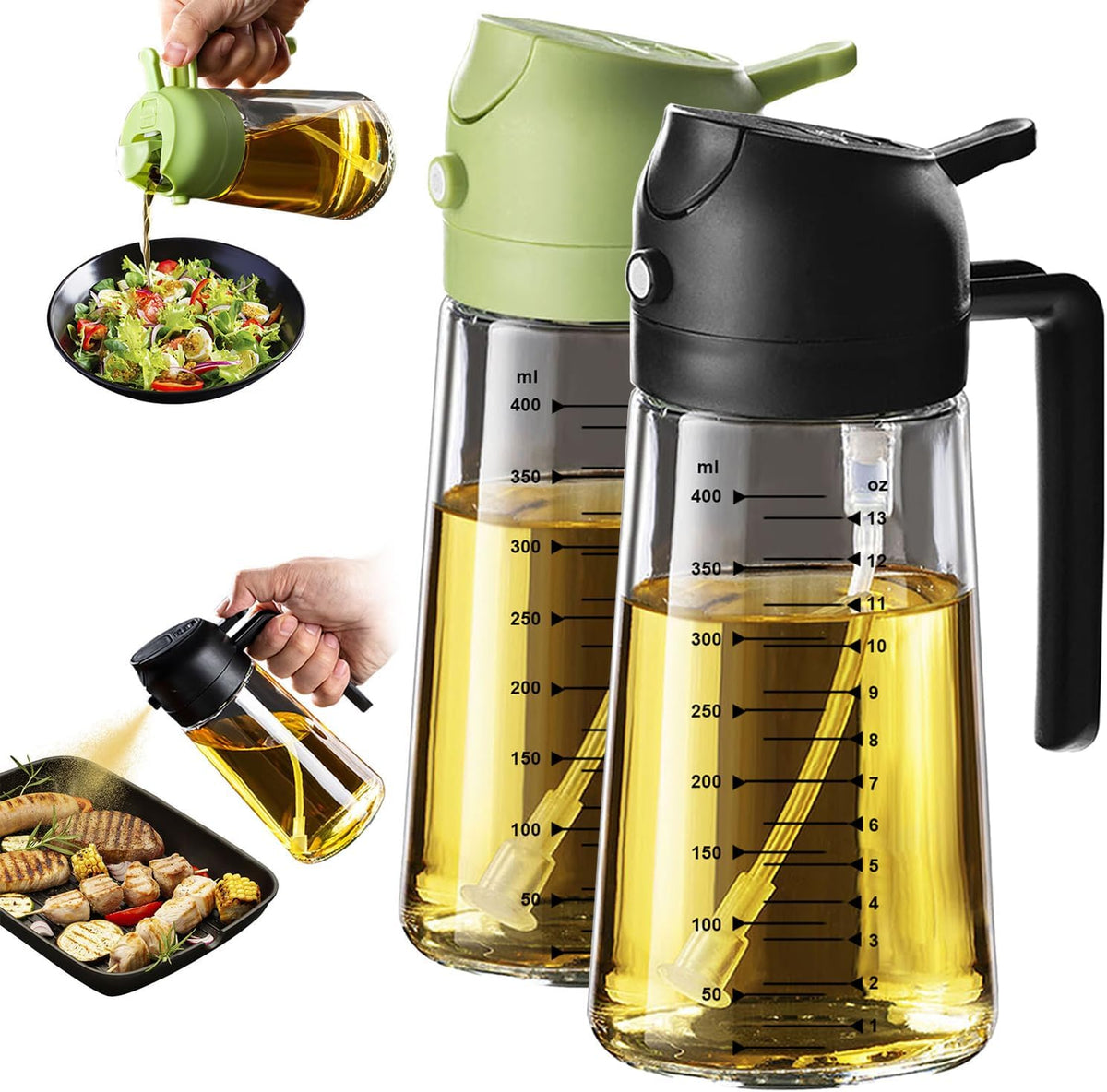 16oz/470ml Blue Glass Olive Oil Sprayer for Cooking - 2 in 1 Olive Oil Dispenser for Kitchen Gadgets, Air Fryer, Salad, and BBQ - Black