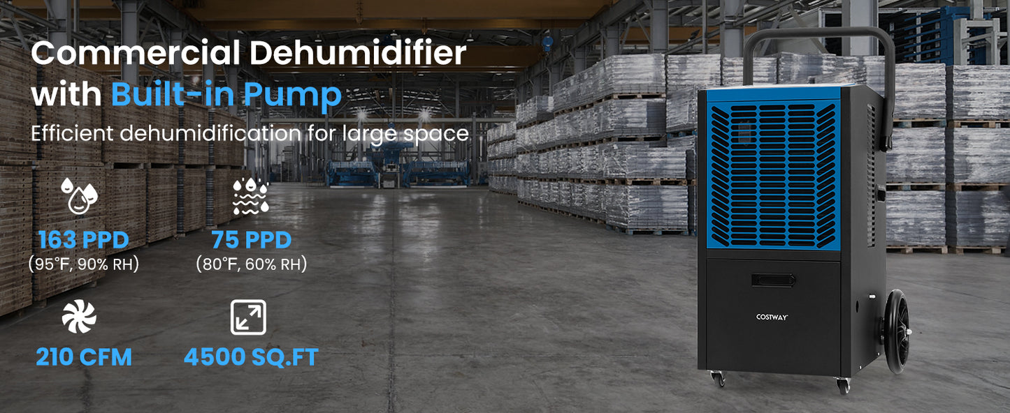 Large-capacity portable commercial dehumidifier with drain hose and 24-hour time