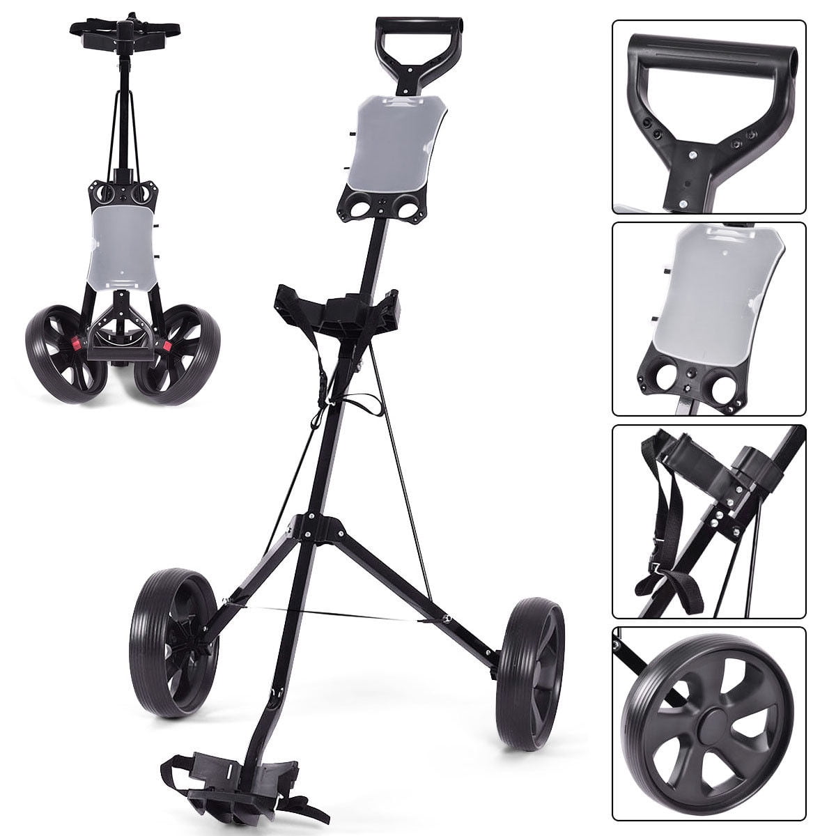 Foldable 2-wheel golf push cart trolley with scorecard holder, adjustable handle