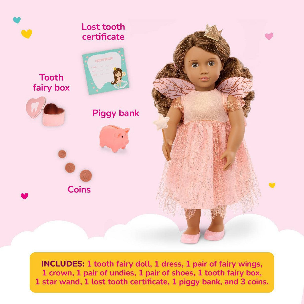 Our Generation Breena 18" Tooth Fairy Doll & Accessories Set: Brown Wavy Hair, Fantasy Theme, Plastic & Polyester