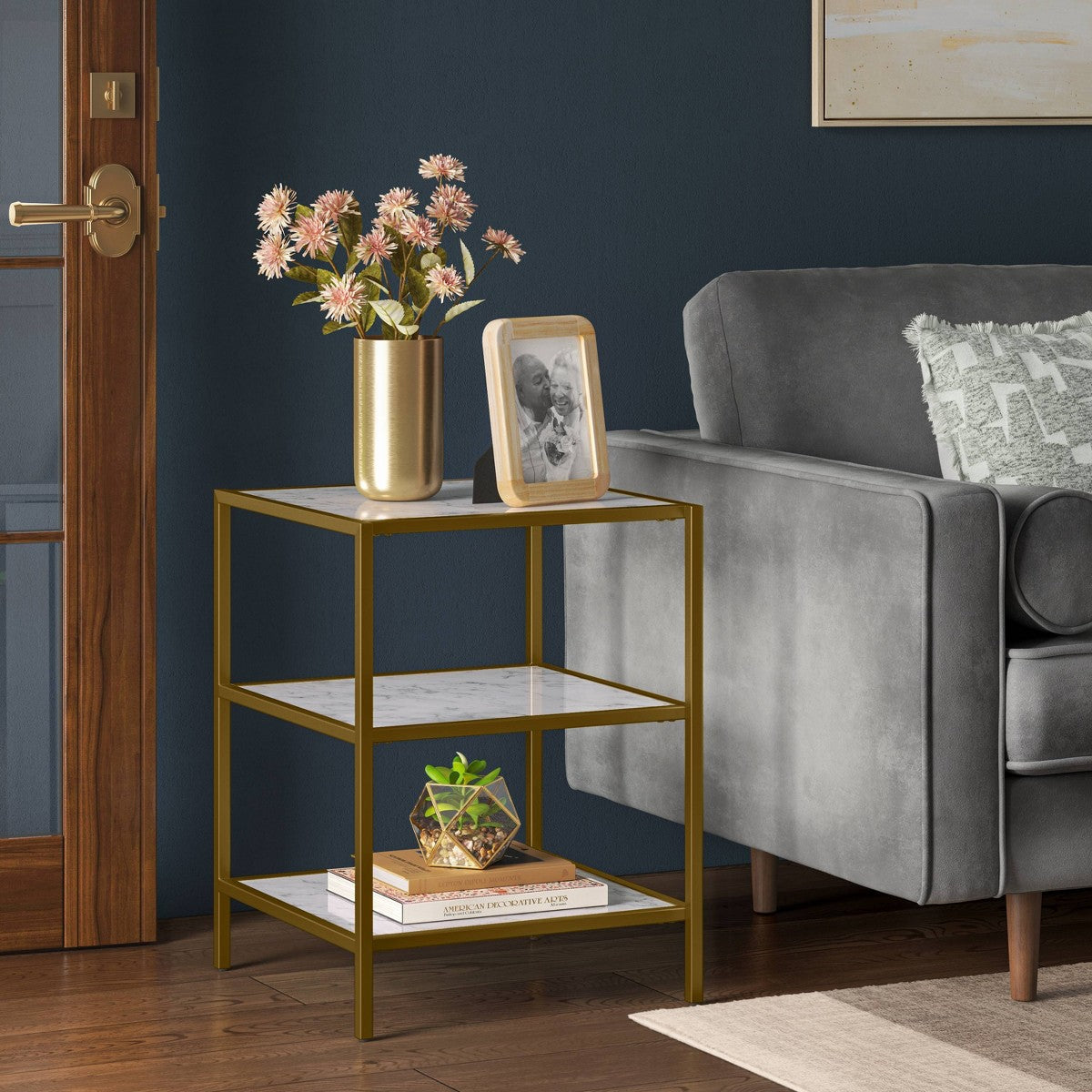 Faux Marble and Metal Side Table Gold - Threshold: Brushed Gold Frame, 3-Tier Square Display