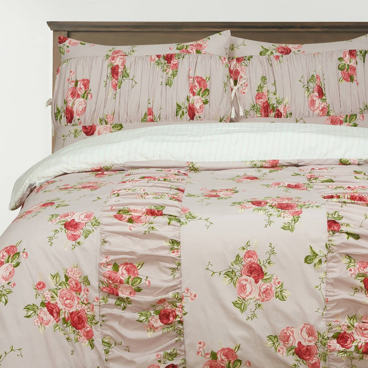 Full/Queen Ruched Comforter Set Pink Floral