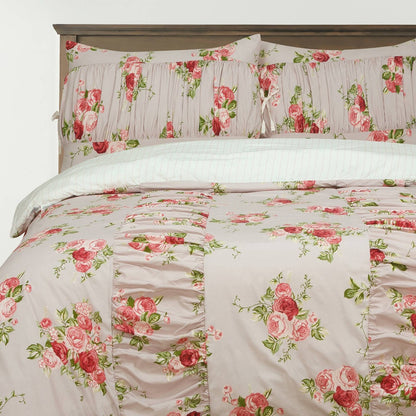 Full/Queen Ruched Comforter Set Pink Floral