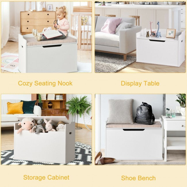 Kids wooden toy box bench with cushion, safety hinged flip-top lid and spacious 