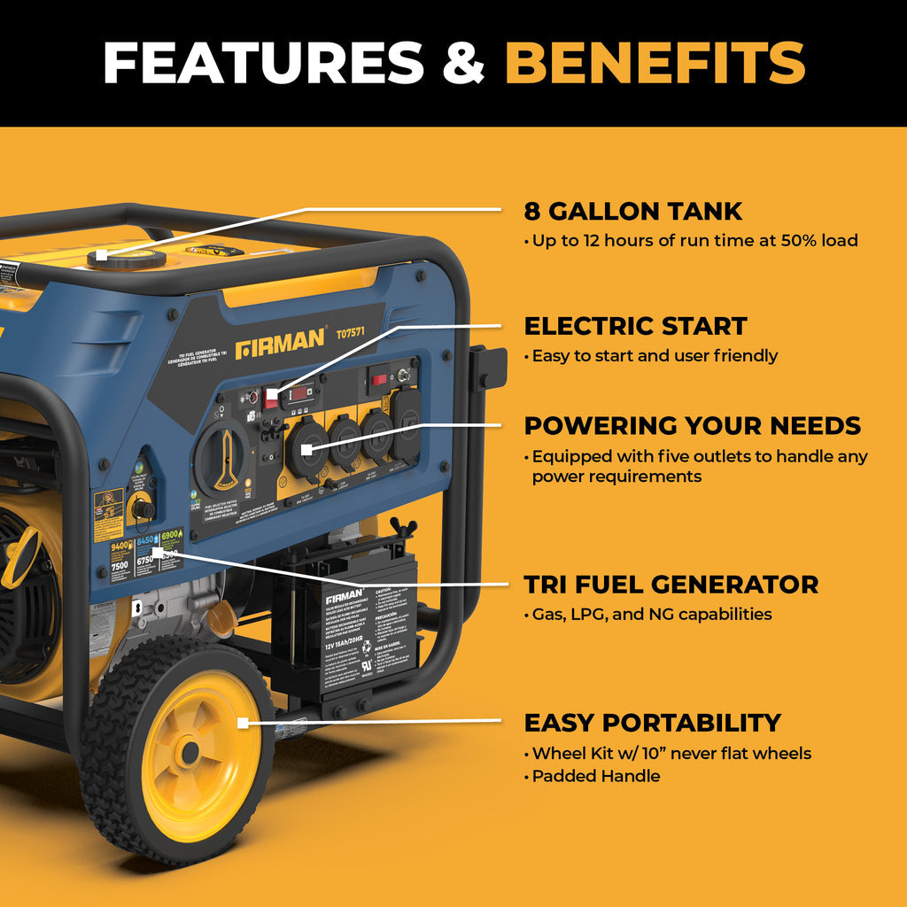 FIRMAN T07571 7500W Running / 9400W Peak Tri-Fuel Generator