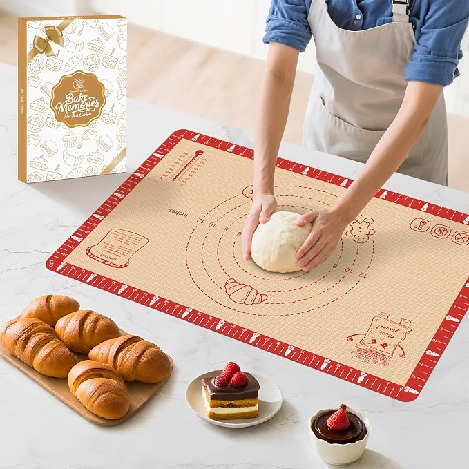 Extra Thick Silicone Baking Mat with Recipes - 26x16 inch Non Stick Pastry Mat with Measurements for Sourdough, Macarons, Bread, Pizza, Dough Rolling, Kneading, Heat Resistant to 480°F Gift for Baker