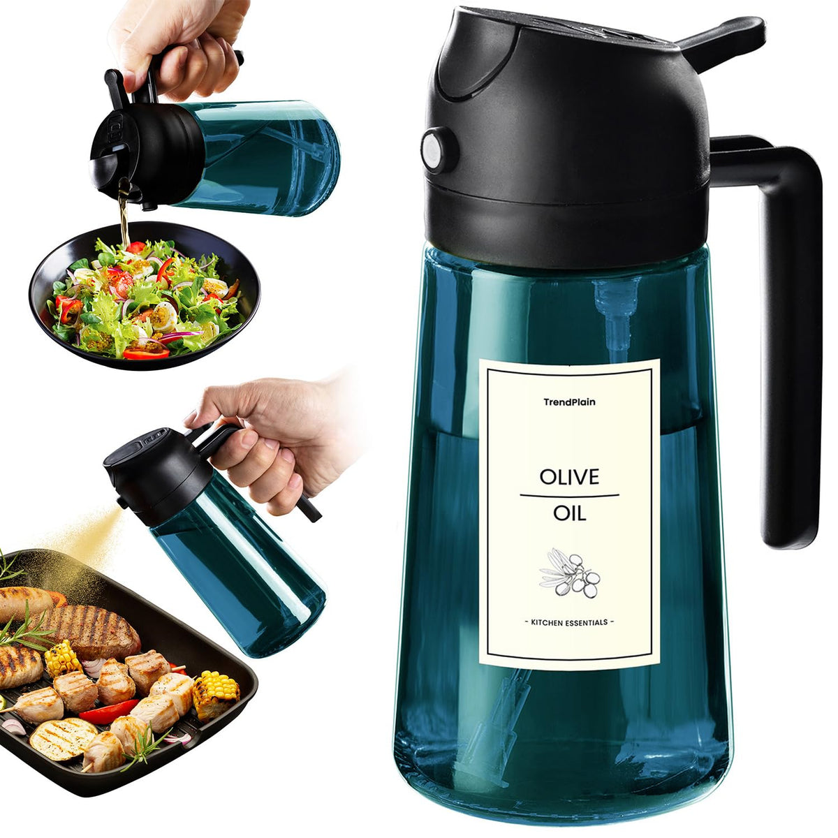 16oz/470ml Blue Glass Olive Oil Sprayer for Cooking - 2 in 1 Olive Oil Dispenser for Kitchen Gadgets, Air Fryer, Salad, and BBQ - Black