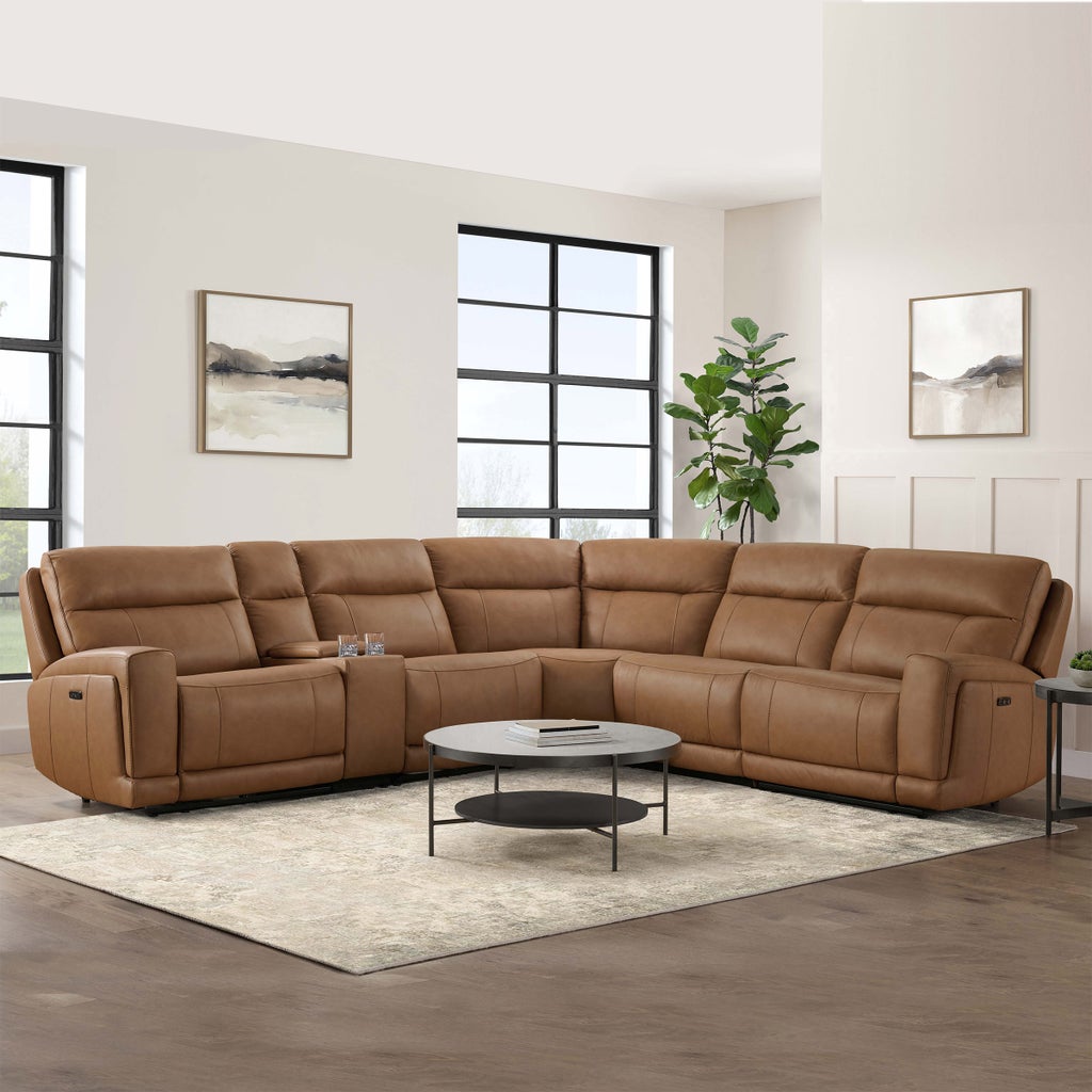 Gilman Creek Furniture Lauretta 6-Piece Leather Power Reclining Sectional with Power Headrests - Brown