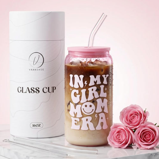 vaanshie 'In My Girl Mom Era' 16oz Glass Cup with Straw & Lid - Pink