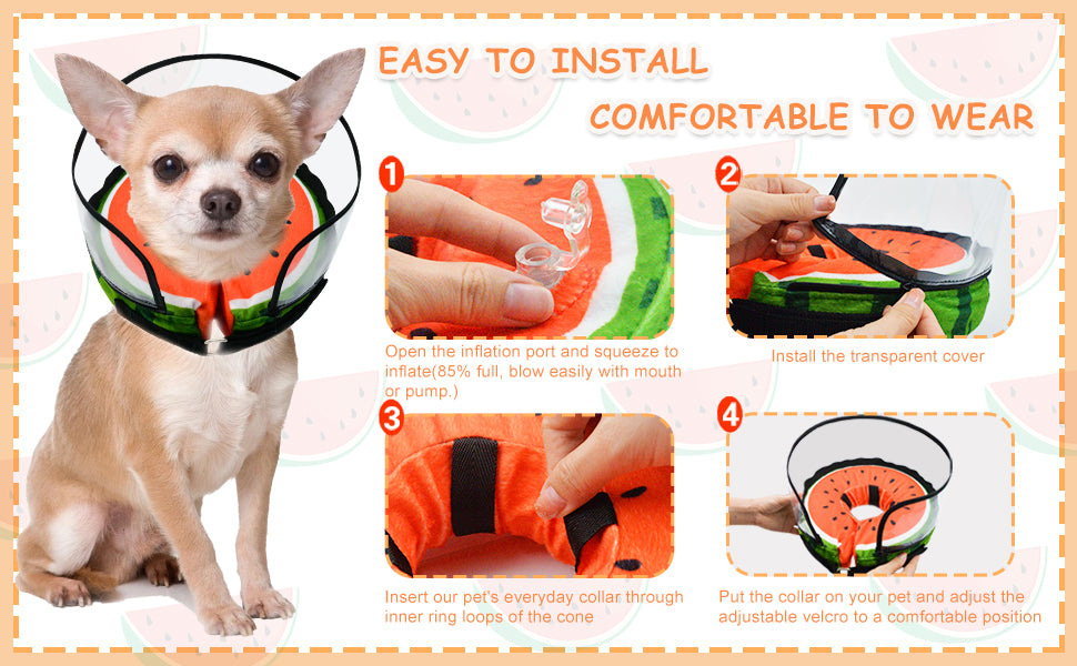 Dog Cone, Dog Surgery Collar, Inflatable Cones for Small Medium Large Dogs, Watermelon Dog Recovery Collar, Does not Impede Vision