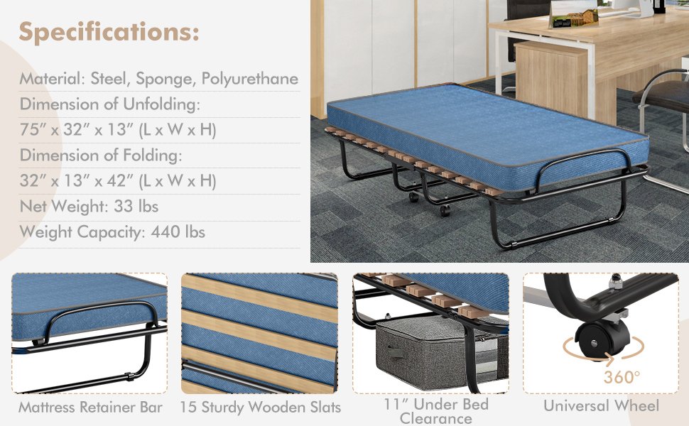 Portable Folding Bed with Foam Mattress and Sturdy Metal Frame Made in Italy-Navy