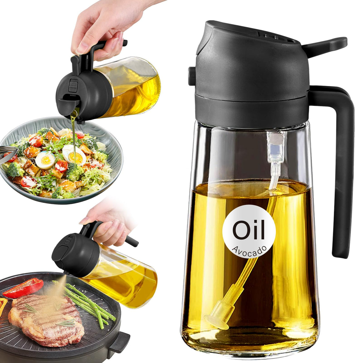 16oz/470ml Blue Glass Olive Oil Sprayer for Cooking - 2 in 1 Olive Oil Dispenser for Kitchen Gadgets, Air Fryer, Salad, and BBQ - Black