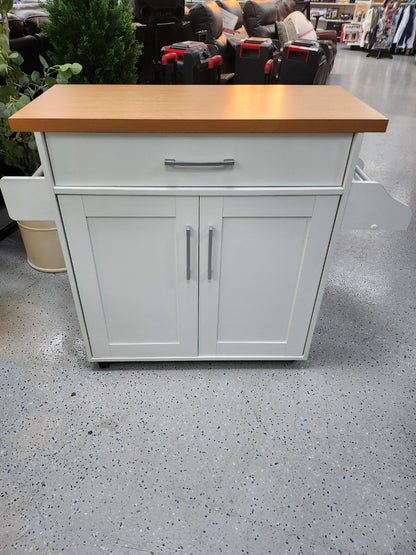 Kitchen Island Cart with Storage Cabinet on Wheels, Spice Rack Towel Rack & Drawer, White