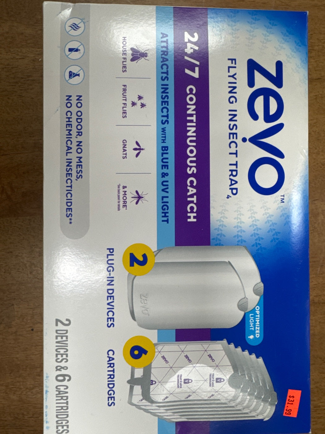 ZEVO Flying Insect Trap 24/7 Continuous Catch, 2 plug-in Devices, 6 cartridges