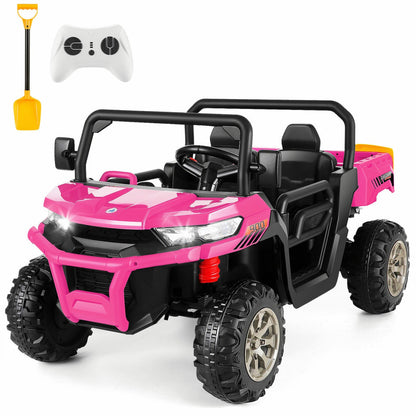 24V Ride on Car, 2-Seater Electric Dump Truck w/Remote Control, Dump Bed & Shovel, 4 Spring Suspensions, Kids UTV w/Dual RPM20000 Motors, Music, Wireless Design, Electric Car for Kids (Pink