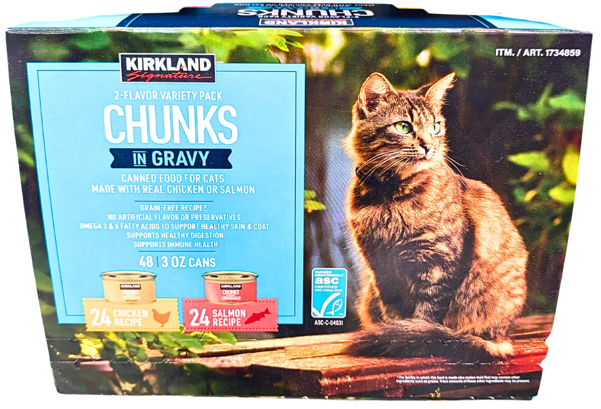 Kirkland Signature Chunks in Gravy Canned Cat Food, Chicken & Salmon Variety, 48 x 3 oz
