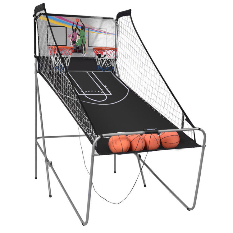 Indoor double electronic basketball game with 4 balls and foldable play frame.